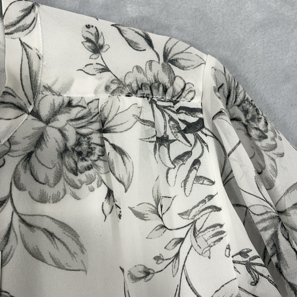 Tahari Blouse White Black Floral Flutter Short Sleeve NWT L Sheer Lined Career - Picture 2 of 13
